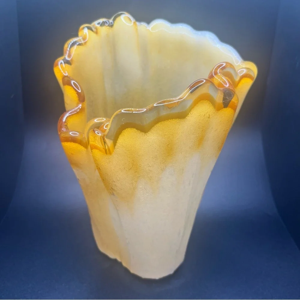 Vintage amber art glass vase handkerchief ruffle mid century murano style